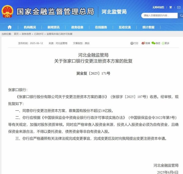配资平台查询 张家口银行变更注册资本方案获批